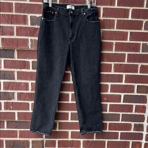 Charcoal Gray High-Waisted Ankle Straight Jeans with Raw Hem